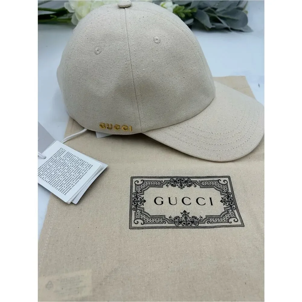 Unisex, Gucci, gold logo Cream Canvas Baseball Cap size XL made in Italy